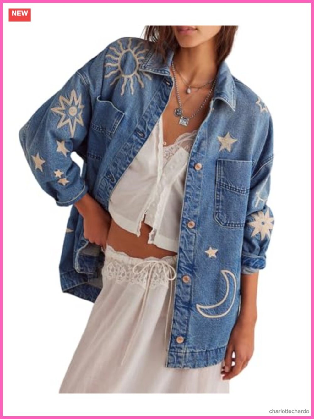 Women Retro Embroidered Denim Jacket Oversized Boyfriend Trucker Coat Button Up